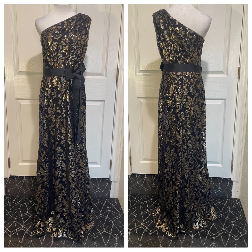 Tadashi Shoji One-Shoulder Dress in Black and Gold - Picture 2 of 8